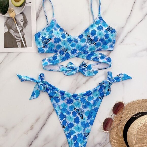 NEW White Blue Butterfly Floral Bikini Swim Set Size Large - Picture 3 of 11